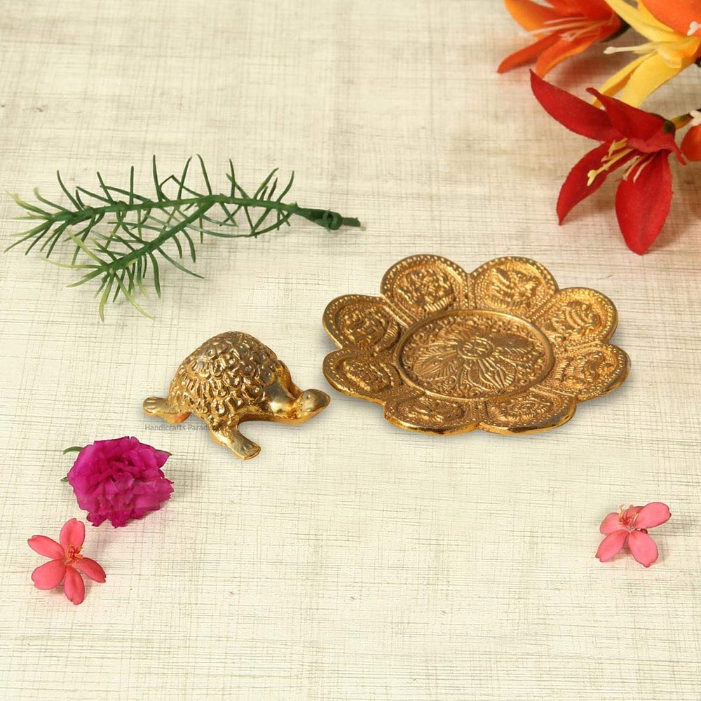 Handicrafts Paradise Gold Plated Aluminium Metal Feng Shui Symbol Tortoise Showpiece (10.8 cm x 10.8 cm x 4.5 cm)