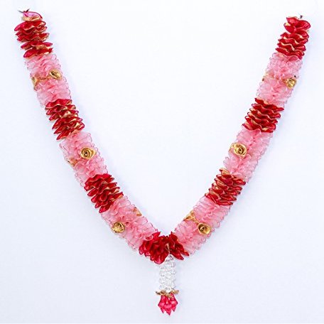 Daedal crafters Premium Pink and Maroon Artificial Net Ribbon Garland, Decorative Mala for God Idols & Photo Frames Handmade Garland (50cmx50cm)