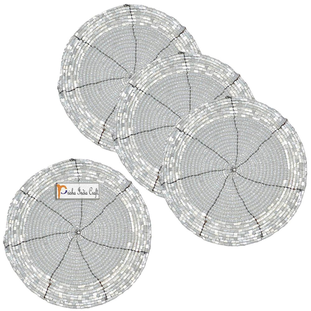 Set of 4 Handmade White Beaded Round Coffee Tea Coasters - 4 Inches Placemats for Tea Cups - Beaded Coaster - Diwali Gift with Wooden Keyring by Prisha India Craft ?