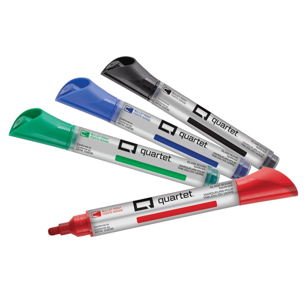 Quartet Glass Board Dry-Erase Whiteboard Markers, Bullet Tip, Assorted Ink Colours, Glass Board Markers with Easy to Erase Ink, School & Office Stationery, Pack of 4 (Multicolour)