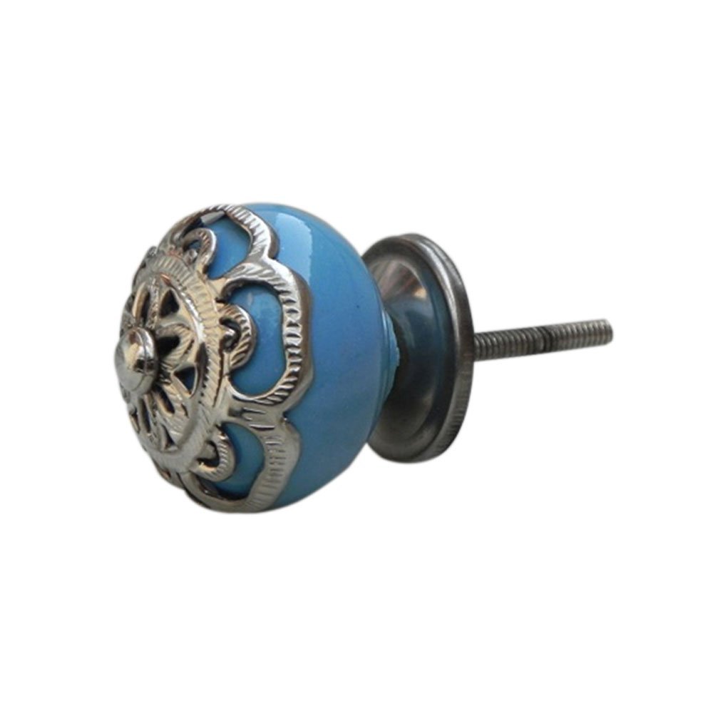 Indian-Shelf Pack of 4 Hardcrafted Drawer Wardrobe Knobs Strewn Ceramic Blue Wardrobe Knob