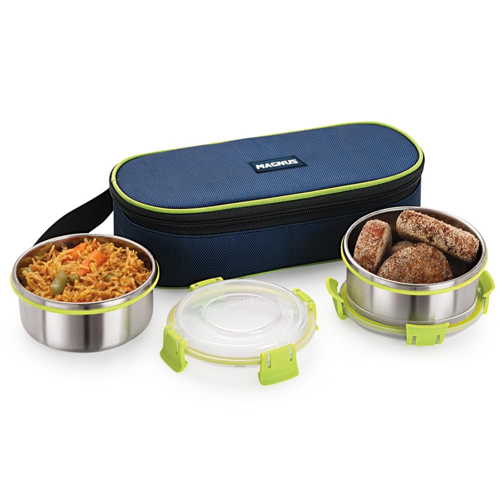 Magnus Meal Mate 2 Large Klip Lock Lunch Box with 450ml Steel Containers | Office & School Tiffin Set for Men, Women, Kids | Airtight, Leakproof, Insulated Cover & BPA-Free Bag