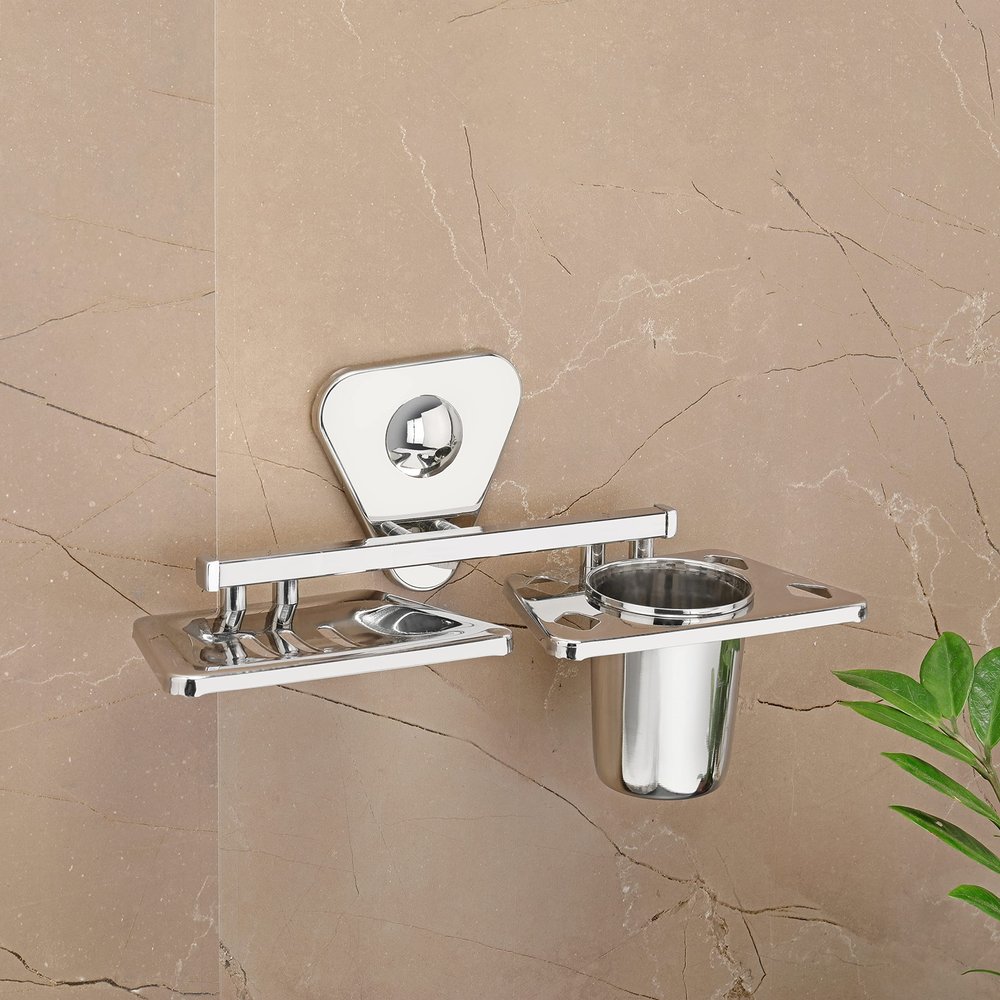 Fortune Bathroom Soap Dish + Tumbler Holder or Soap Case with Toothbrush Stand (Material : Stainless Steel) Set of 1