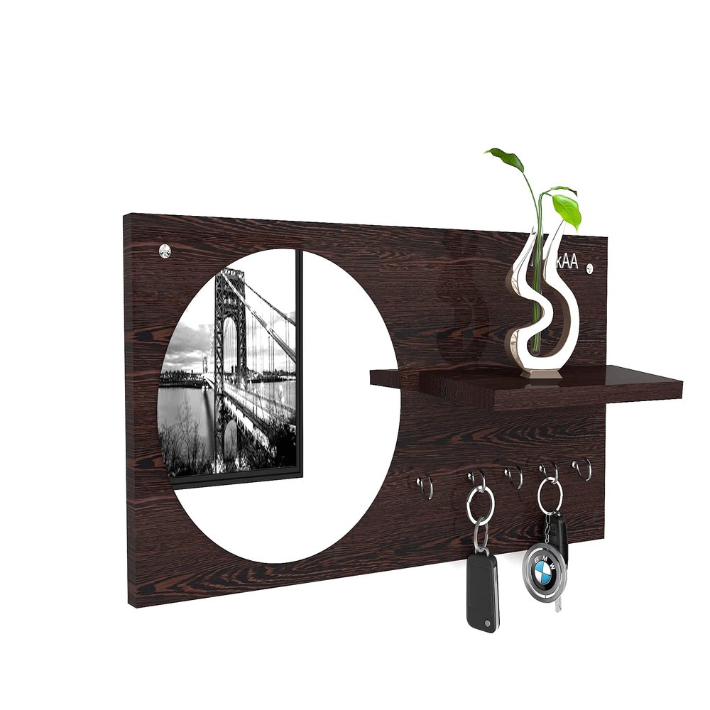 Anikaa Eva Engineered Wood Keyholder with Mirror/Wooden Key Holder Stand/Key Holder with Shelf/Wall Mounted Key Holder/Wall Hanging Key Holder/Mirror Keyholder (Wenge)