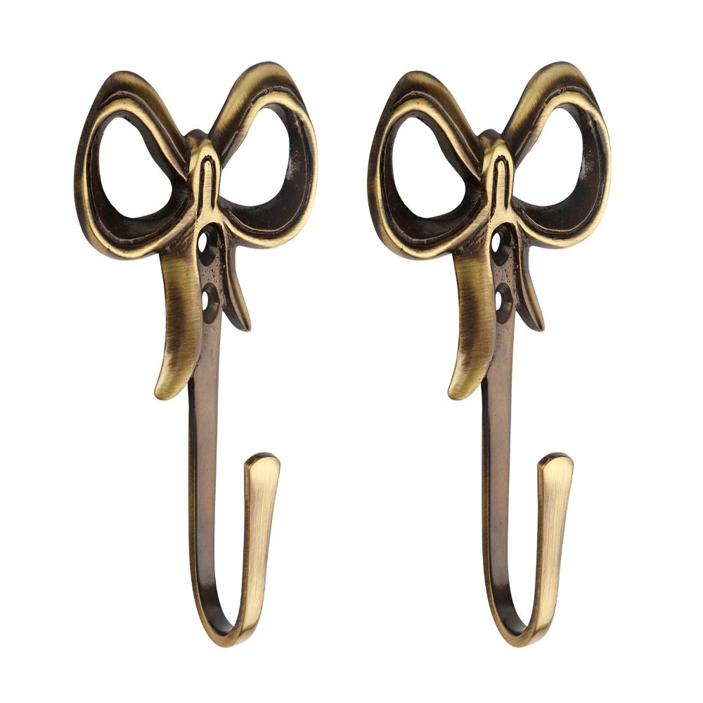 HOBKNOBS (Set of 2 Heavy Bow Antique Brass Multipurpose Wall/Wooden Mounted Hook Hanger - Gold..