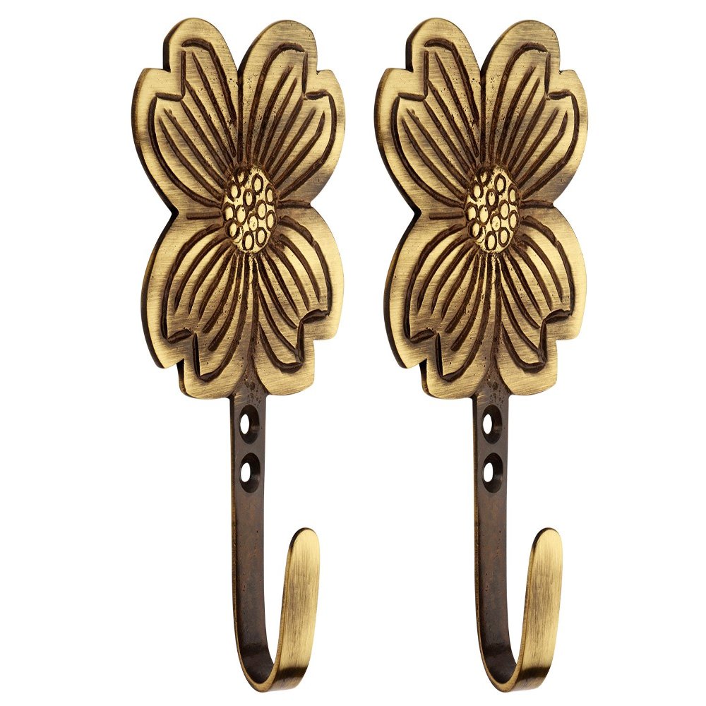 HOBKNOBS (Set of 2 Flower Antique Brass Multipurpose Wall/Wooden Mounted Hook Hanger - Goldish Brown..