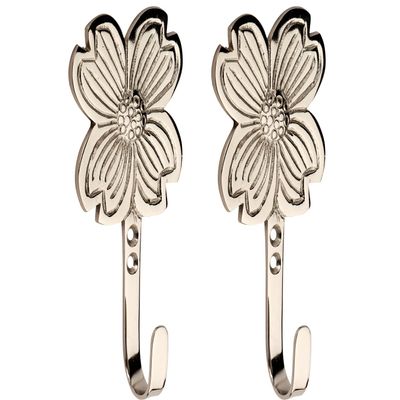 HOBKNOBS (Set of 2 Flower Nickel Plated Multipurpose Wall/Wooden Mounted Hook Hanger - Silver..