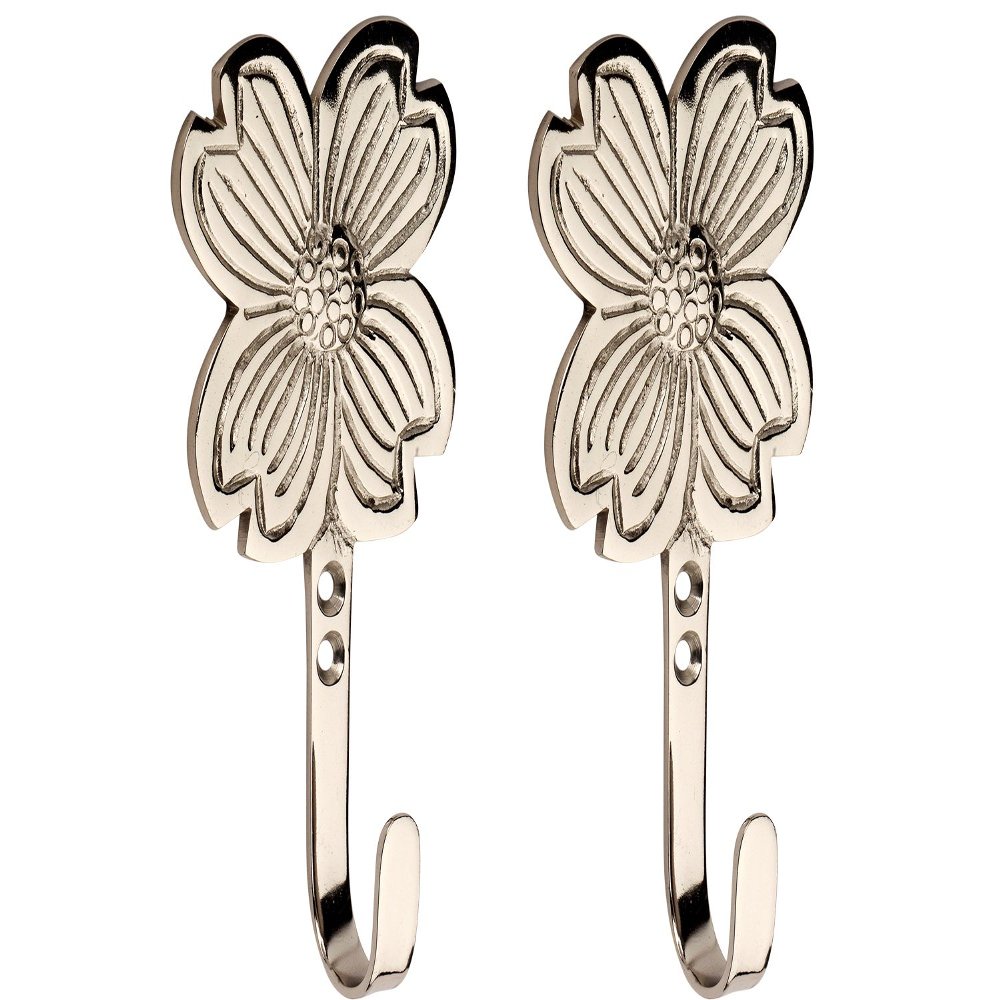 HOBKNOBS (Set of 2 Flower Nickel Plated Multipurpose Wall/Wooden Mounted Hook Hanger - Silver..