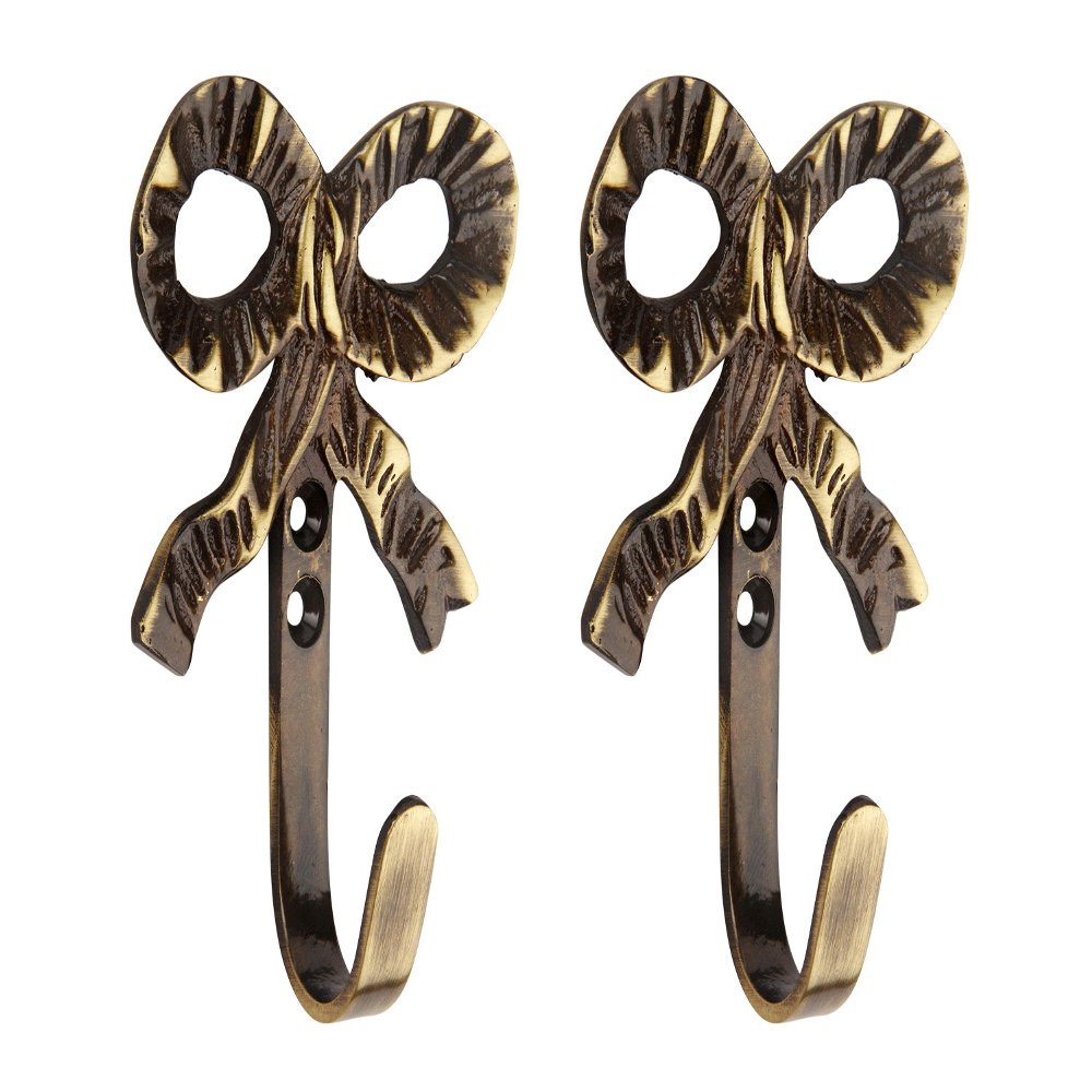 HOBKNOBS (Set of 2 Home D?cor Bow Antique Brass Multipurpose (7.5 cm) Wall/Wooden Robe Mounted Hook Hanger - Goldish Brown..