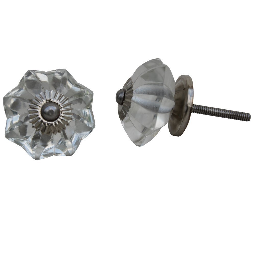 Indian-Shelf Pack of 4 Clear Door Knobs Glass Marigold Flower Handmade Dresser Wardrobe Drawer Knobs