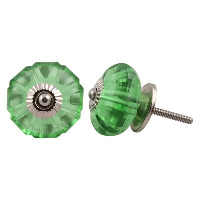 Indian-Shelf Pack of 4 Green Knobs for Wardrobe Artistic Glass Marigold Flower Dresser Drawer Knob