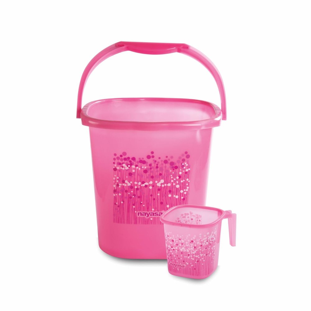 Nayasa Square Ring Funk Plastic Bucket Set for Bathroom | Bucket and Mug (18 Liters & 1.5 Liters) | Bathroom Set of 2 | Bathroom Accessories Set | Bathroom Bucket Set | Pink
