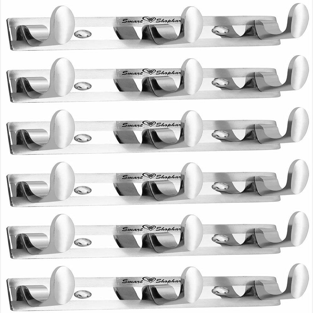 SMART SHOPHAR Trums Wall Hook 3 Legs Silver, Pack of 6 / Modern Design Hook Hanger for Hanging Keys, Cup, Coat, Hat, Dress Kitchens Towel in Bathroom Office/Screws with Plastic Plugs