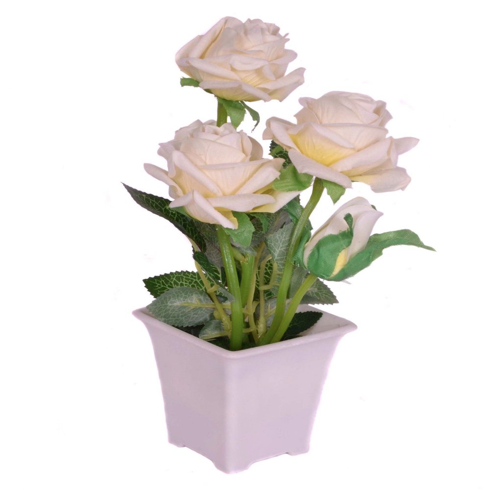 Pindia Decorative Artificial White Rose Flower Plant with Pot for Home & Office Decor-13 * 13 * 23 (cms)