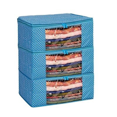 Homestrap set of 3 Cotton Quilted 3 Layered Foldable Saree Covers/Clothes Storage Bag/Wardrobe Organizer With Transparent Window And Zip For Lehenga, Suit, Dress,& Accessories (Blue)