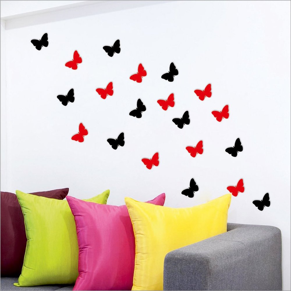 Wall1ders 30 Butterflies Mirror Stickers for Wall, Acrylic Mirror Wall Decor Sticker, Wall Mirror Stickers, Acrylic Stickers, Wall Stickers for Hall Room, Bed Room, Kitchen. (10Blak10Red)