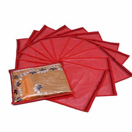 DMS RETAIL Single Packing Saree Cover Red 6 Pcs Combo - Transparent Saree Cover/Lehenga Cover/Suit Box Cover/Saree Organiser