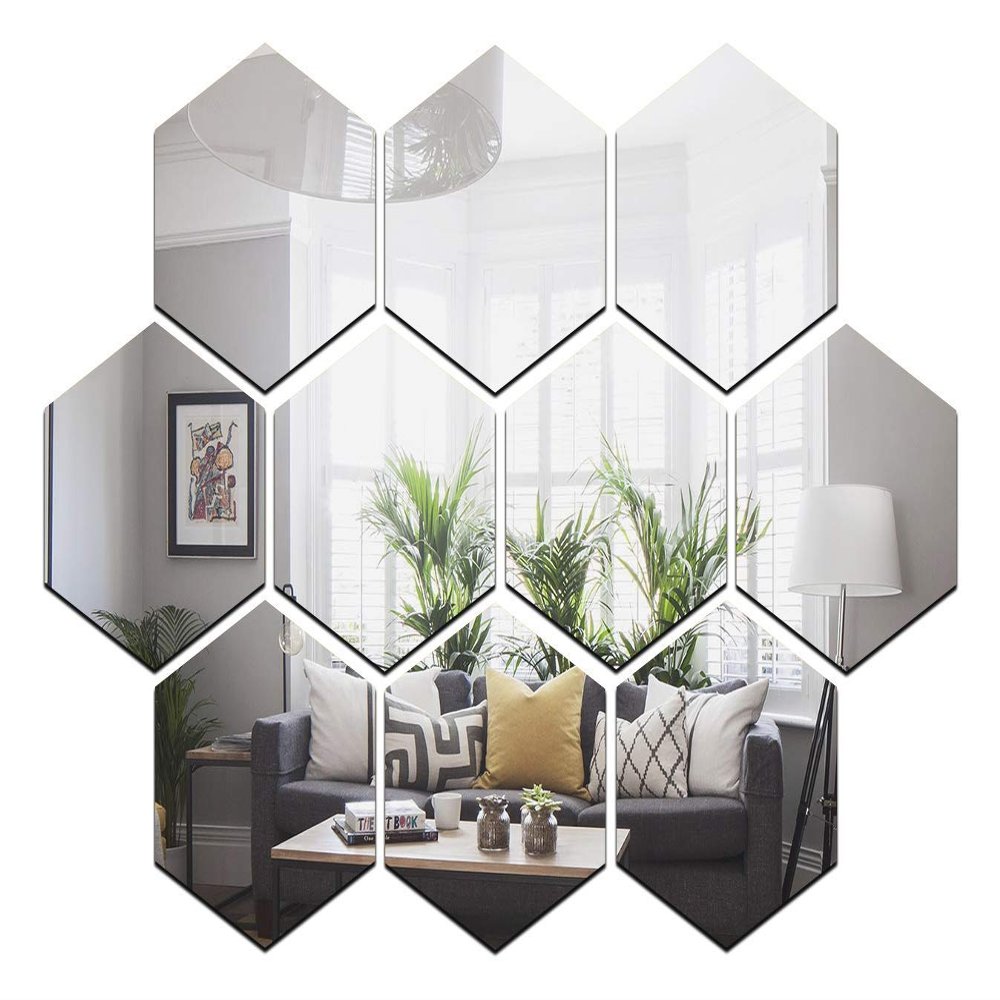 Wall1ders Acrylic 10 Hexagon Mirror Wall Stickers, Mirror Stickers for Wall. (Silver, Each Piece Size 10.5 x 12.1 cm)