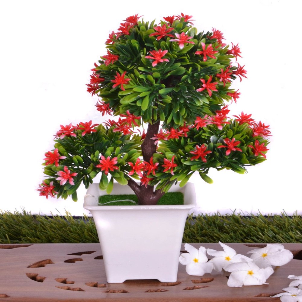 Pindia Artificial Red Flower Plant with Pot for Home & Office Dcor-16 * 9 * 25 cms