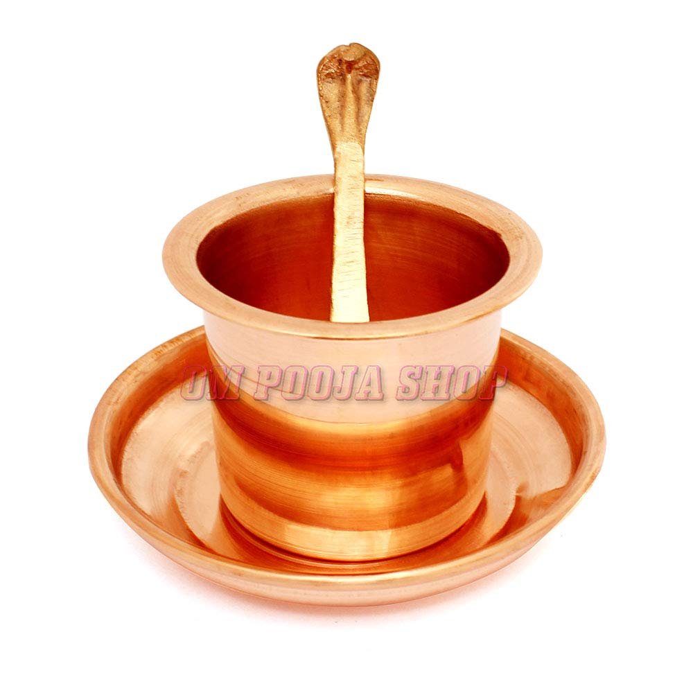 Panchpatra Pali with Plate Set in Copper for Puja | Pure Copper Panchpatra Pali & Plate Set |Sacred Utensil for Rituals, Puja Offerings & Spiritual Ceremonies | om Pooja Shop Collection