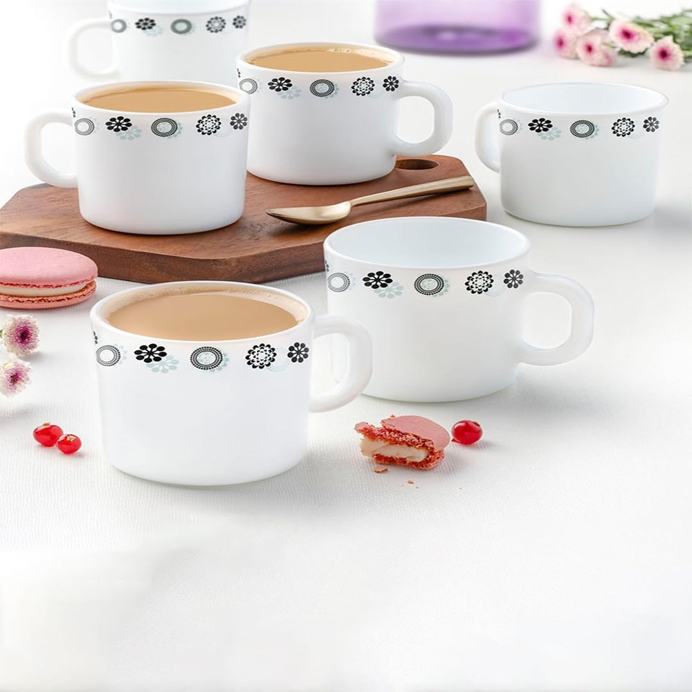 Larah By Borosil Universe Opalware Cup Set, 6-Pieces, White, 180 ML