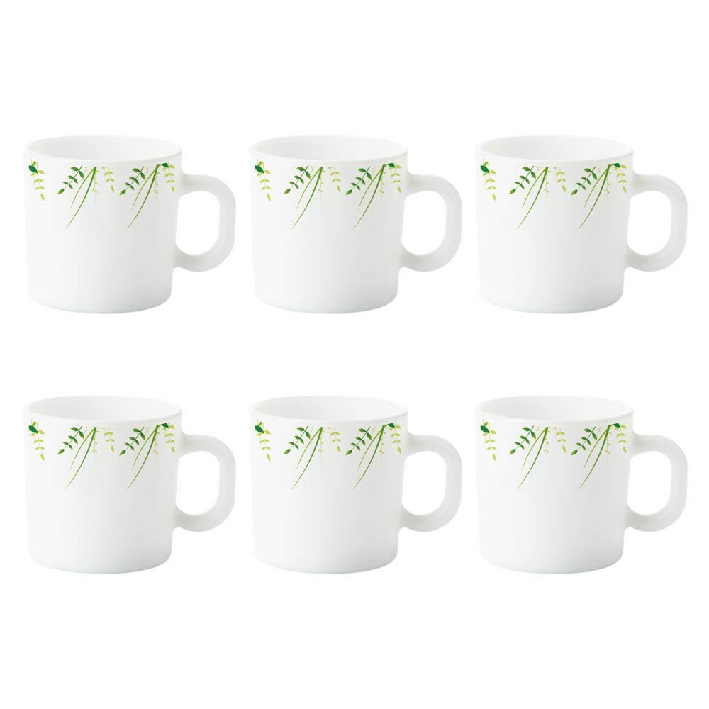 Larah by Borosil Green Hub Opalware Mug Set - 6 Pieces, White, 180 ml