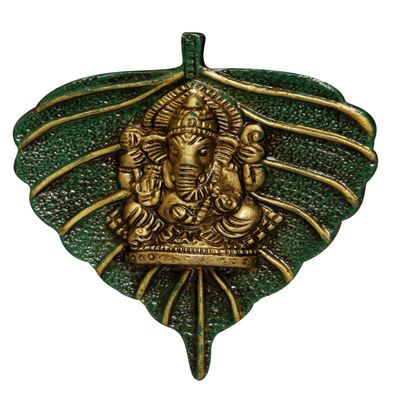 Elite CRAFTHUT Aluminium Green Lord Ganesh on Leaf 14 Cm 200g | Wall Hanging Antique Finish Ganpati Sculpture for Home Temple Office Decor