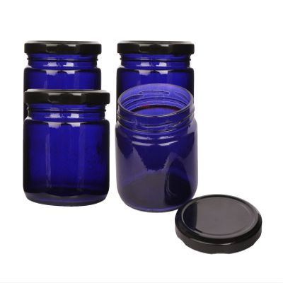Pure Source India. Air Tight and Rust Proof Glass Jar with Metal Black Cap (Capacity-150 g; Blue) - Set of 4 Pieces