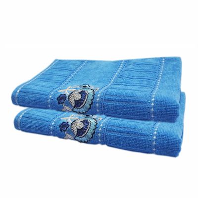 Space Fly Love Touch Embroidered Super Absorbent, Kitchen and Bathroom Cotton Hand Towels (Blue) (Set of 2)
