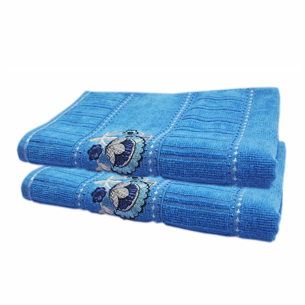 Space Fly Love Touch Embroidered Super Absorbent, Kitchen and Bathroom Cotton Hand Towels (Blue) (Set of 2)