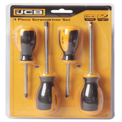 JCB Tools 4pc Screw Driver set:# PH1x100, PH2x150mm, 5x100mm,6.5x150 mm, Chrome vanadium steel shaft,chrome plated, 22025732