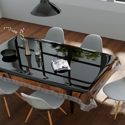 Clasiko 4 Seater Print Rectangular Table Cover with Silver Lace (Transparent, Size - 54X78 Inches, 30Mm)(Polyvinyl Chloride)