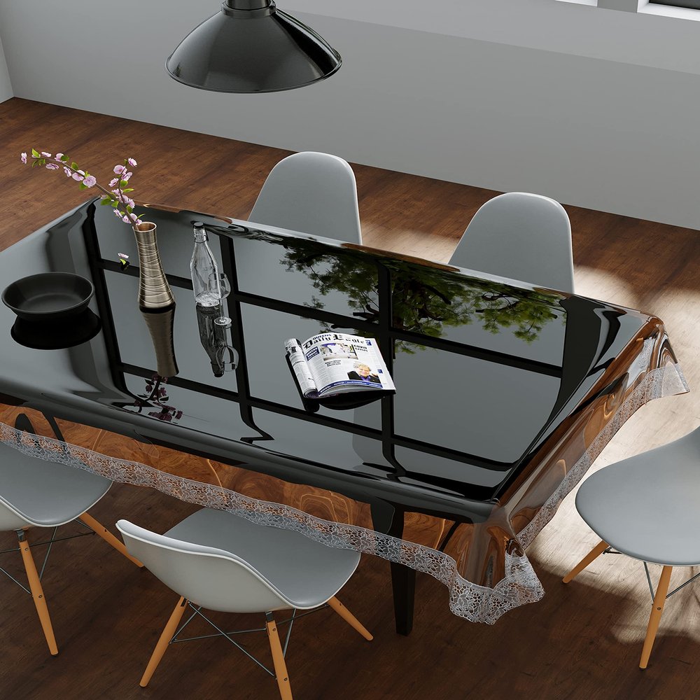 Clasiko 4 Seater Print Rectangular Table Cover with Silver Lace (Transparent, Size - 54X78 Inches, 30Mm)(Polyvinyl Chloride)