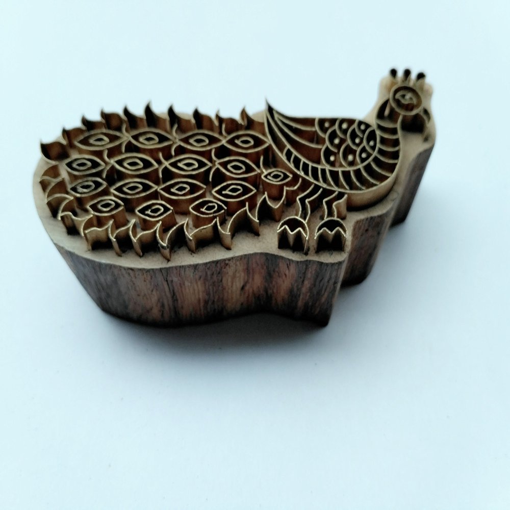 woodenblockstamps Rosewood Peacock Brass Printing Fabric Wooden Block - 4 Inches