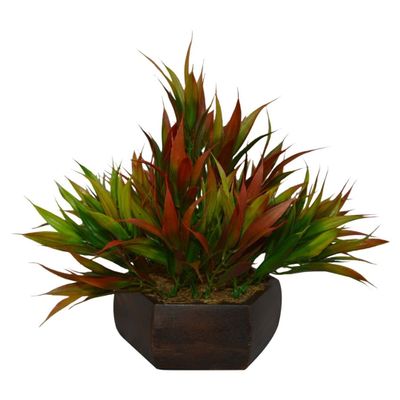fancymart Plastic & Wood Artificial Bamboo Leaves Plant with Wood Hexagon Pot (20 Cm