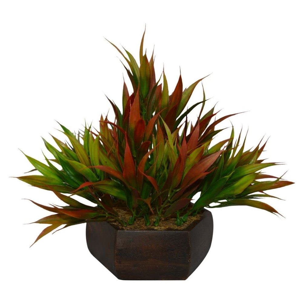 fancymart Plastic & Wood Artificial Bamboo Leaves Plant with Wood Hexagon Pot (20 Cm