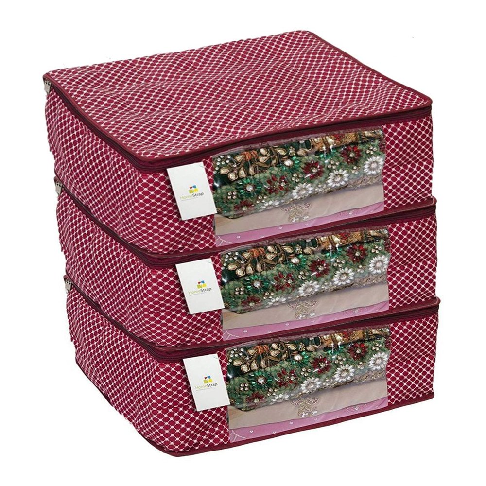 Homestrap Cotton Quilted Large Saree Cover Bag/Wardrobe Organiser with Transparent Window - Maroon - Pack Of 3