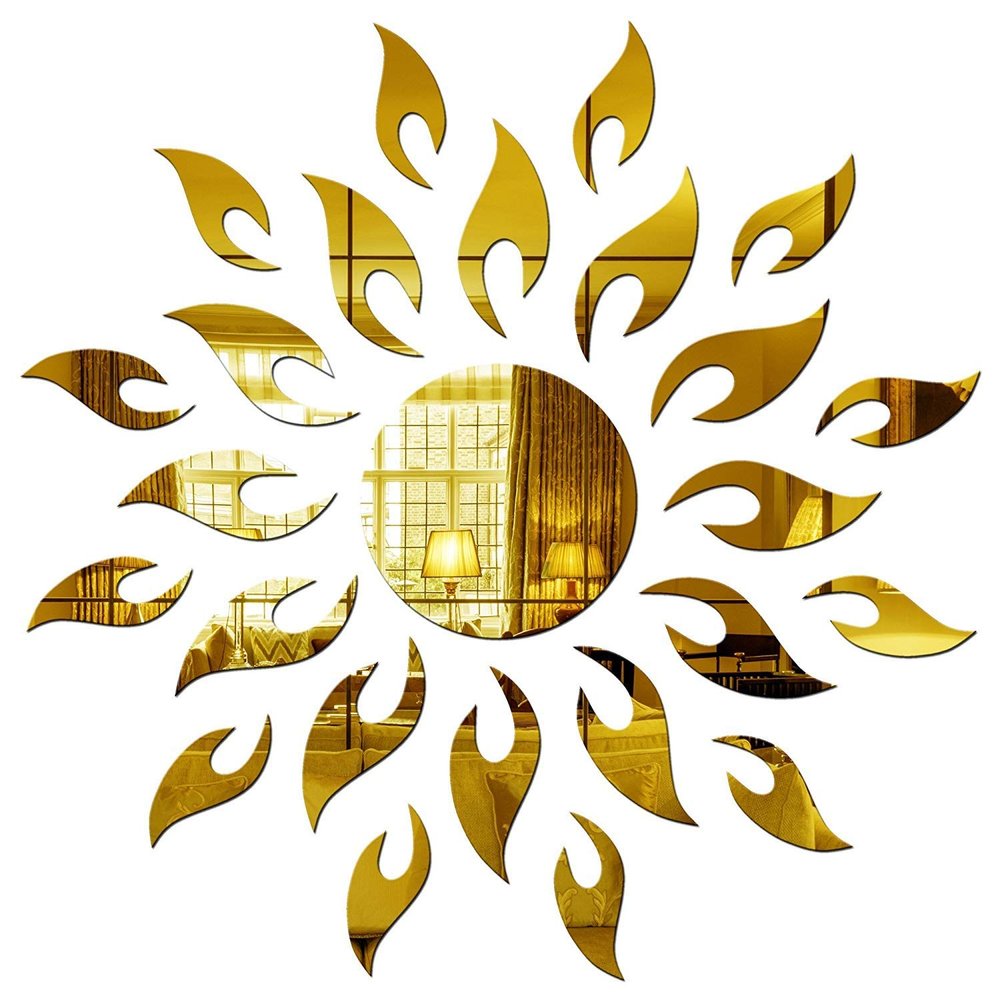 Wall1ders Large Size Sun Golden Acrylic 3D Mirror Stickers for Wall, Large Size (60 cm X 60 cm)