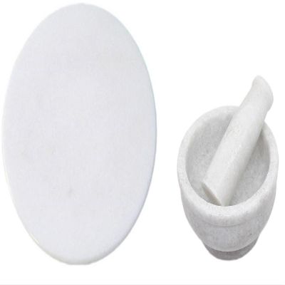 Gr8 INDIA White Marble Chakla - 9" Diameter - Ring Base Rolling Pin Board, Roti Maker and a Spice Masher 5 Inches, Mortar and Pestle Set - From Banks of Holy River Narmada