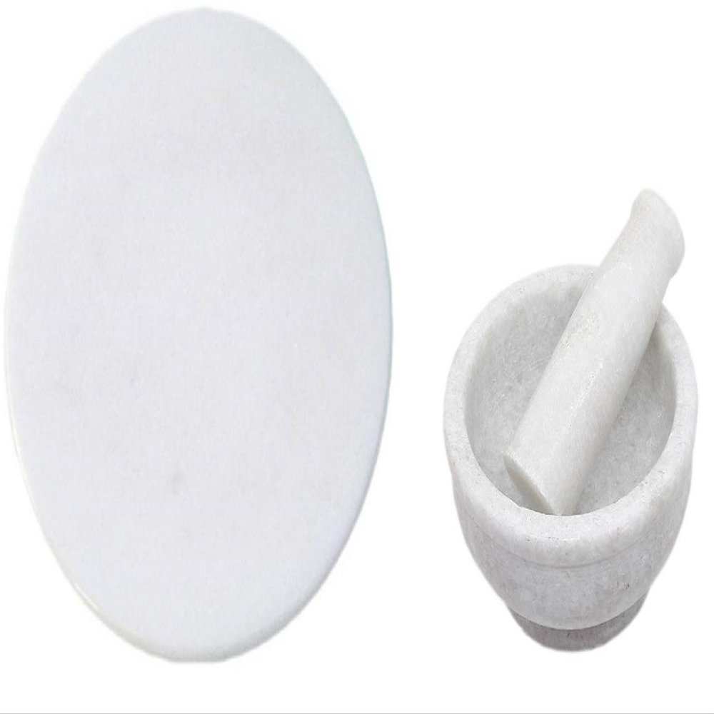 Gr8 INDIA White Marble Chakla - 9" Diameter - Ring Base Rolling Pin Board, Roti Maker and a Spice Masher 5 Inches, Mortar and Pestle Set - From Banks of Holy River Narmada