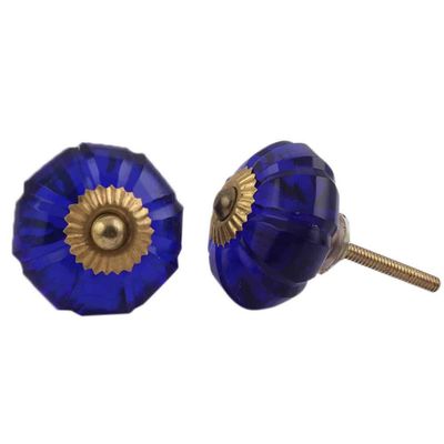 Indian-Shelf Pack of 4 Artistic Wardrobe Drawer Knobs Glass Marigold Flower Blue Farmhouse Dresser Knobs for Home Decor