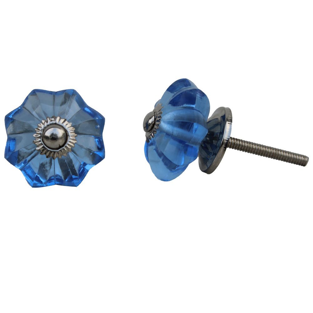 Indian-Shelf Pack of 4 Trendy Dresser Wardrobe Drawer Knob Marigold Flower Glass Blue Farmhouse Knobs