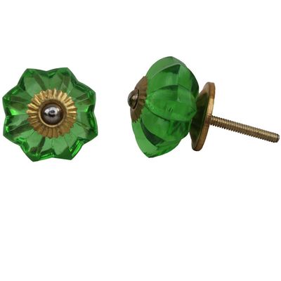 Indian-Shelf Pack of 4 Green Handmade Cupboard Knob Glass Marigold Flower Knobs for Drawers for Home Decor