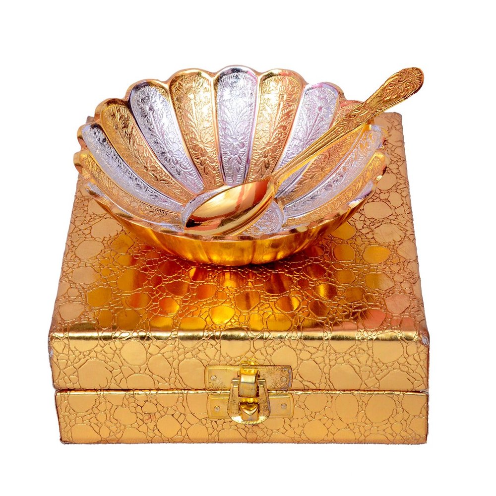 AC ANAND CRAFTS Silver and Gold Plated Brass Bowl with Spoon for Best for Gifting, Anniversory, Return Gift, Diwali, New Year, Christmas (Silver & Gold-1)