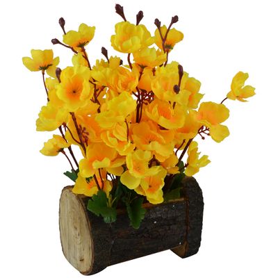 Fancy Mart Artificial Blossom Flowers in Wood Buckle Pot (30 Cm, Yellow)