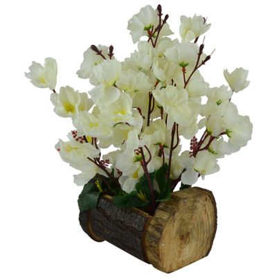 Fancy Mart Artificial Blossom Flowers in Wood Buckle Pot (30 Cm, White)