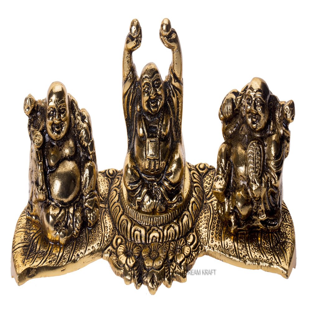 DreamKraft Three Laughing Buddha Statue Set on Decorative Base Brass Feng Shui Figurines for Home & Office Dcor, Good Luck and Prosperity Gift