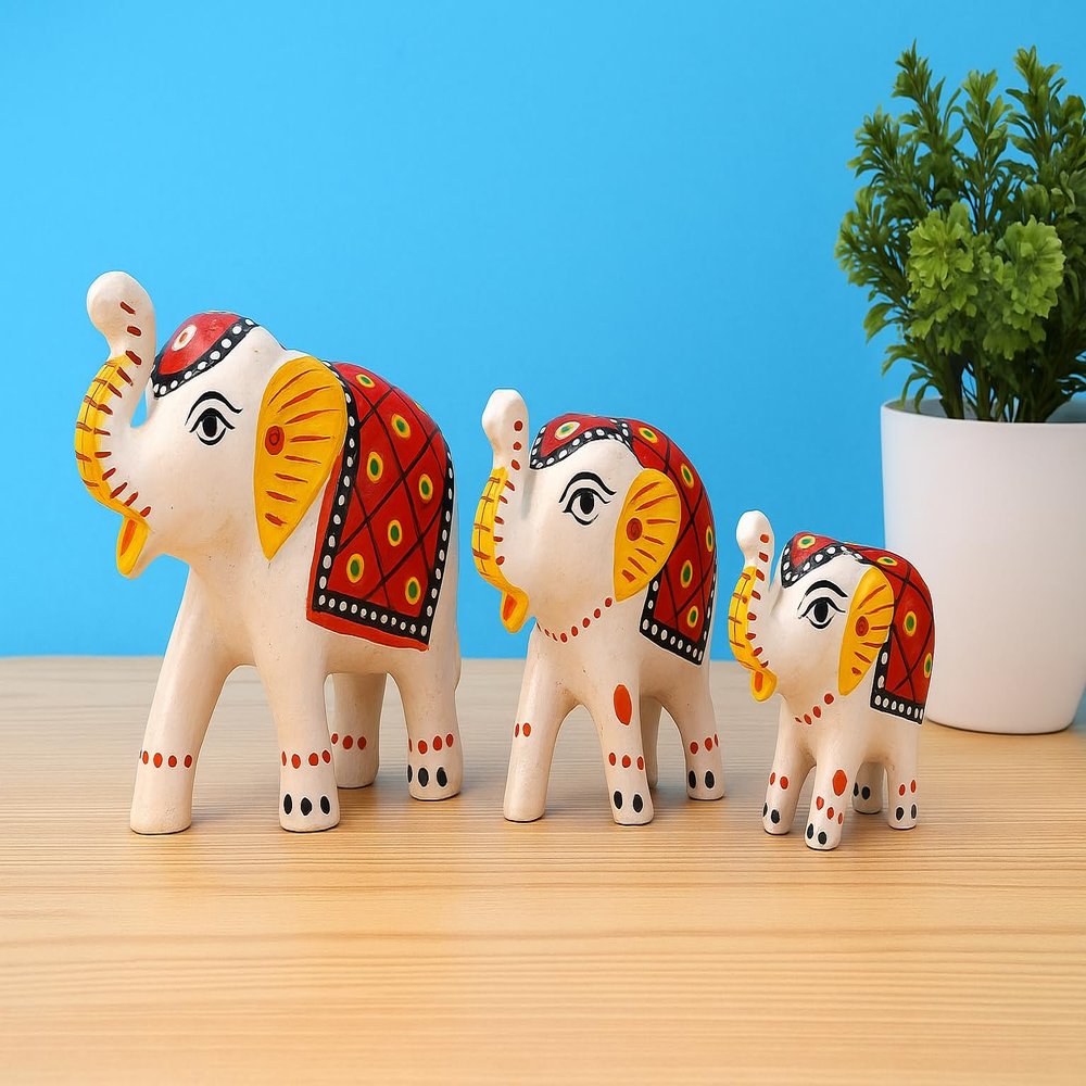 DreamKraft Paper Mache Handcrafted Set of 3 Elephant Action Showpiece Idols for Home Decor and Gift Purpose(White)