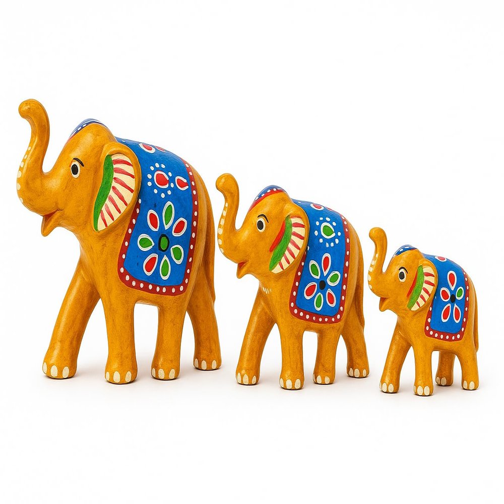 DreamKraft Paper Mache Elephant Showpiece for Enhance Home Decor - Yellow (Set of 3), Traditional, Artistic, Home Decor