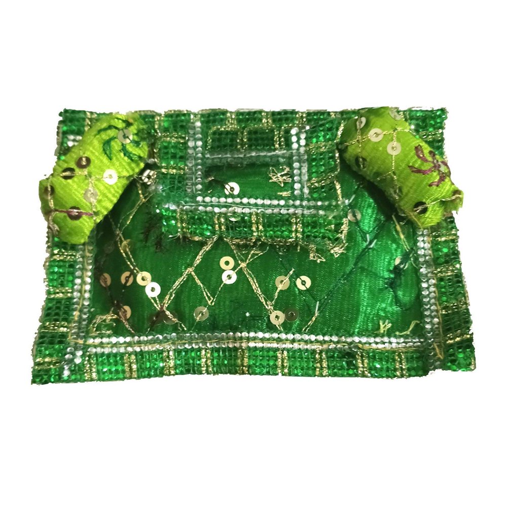 Designer Handcrafted Green Lace with Green Laddu Gopal Gaddi Set, Laddu Gopal Assan, Laddu Gopla Shringar Set, Krishna Assan, Bal Gopal Gaddi/Asan